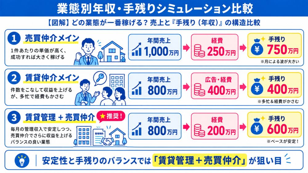 業態別年収・手残りシミュレーション比較