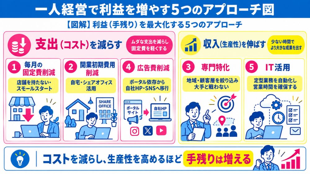 一人経営で利益を増やす5つのアプローチ図